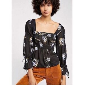 Free People Navy Floral Square Neck Peasant Blouse 100% Cotton Boho‎ Top XS